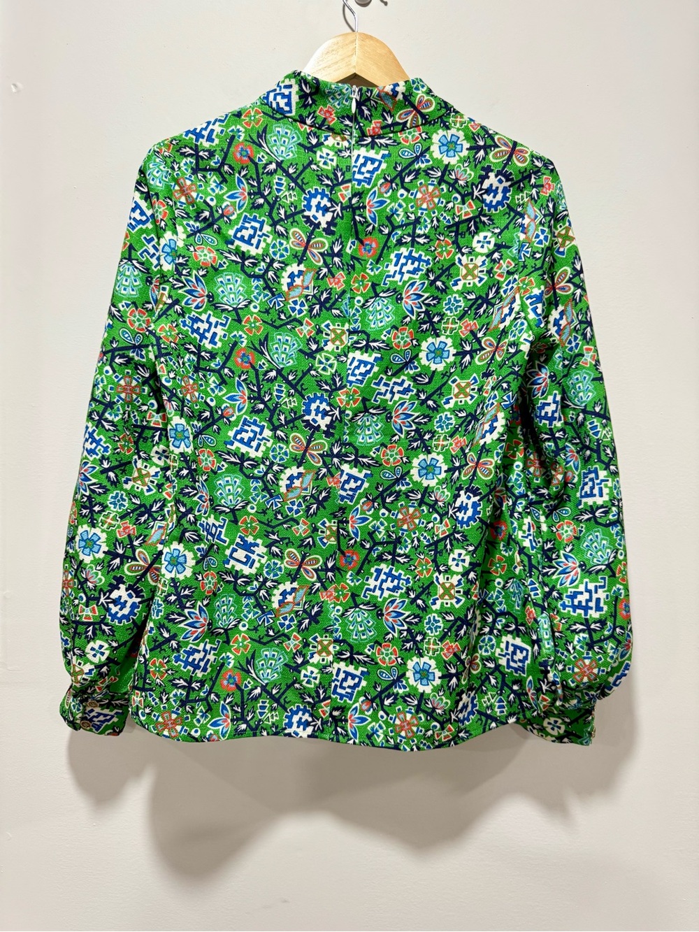 CK Bradley Floral Patchwork Puff Sleeve Mock Neck Blouse Green Size S Resortwear